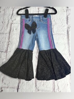 Girls Rainbow Stripe Sparkle Bell Bottom Jeans Upcycled Flare Denim Pants